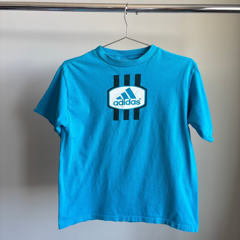 90s Vintage Adidas T Shirt Youth L Blue Stripe Logo Graphic Tee Skater Retro Y2K